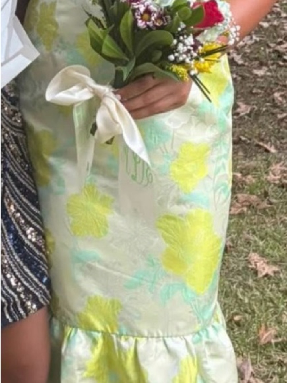 Floral Jacquard Ruffle Hem Dress in Yellow and Mint